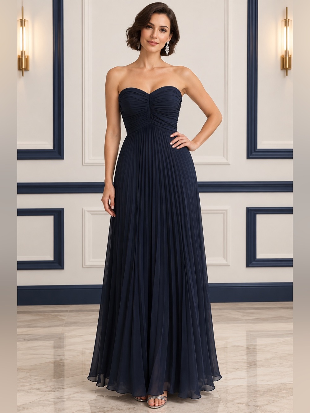 NWT Navy Blue Strapless Pleated Chiffon Corset Formal Gown Wedding Military Sz 8